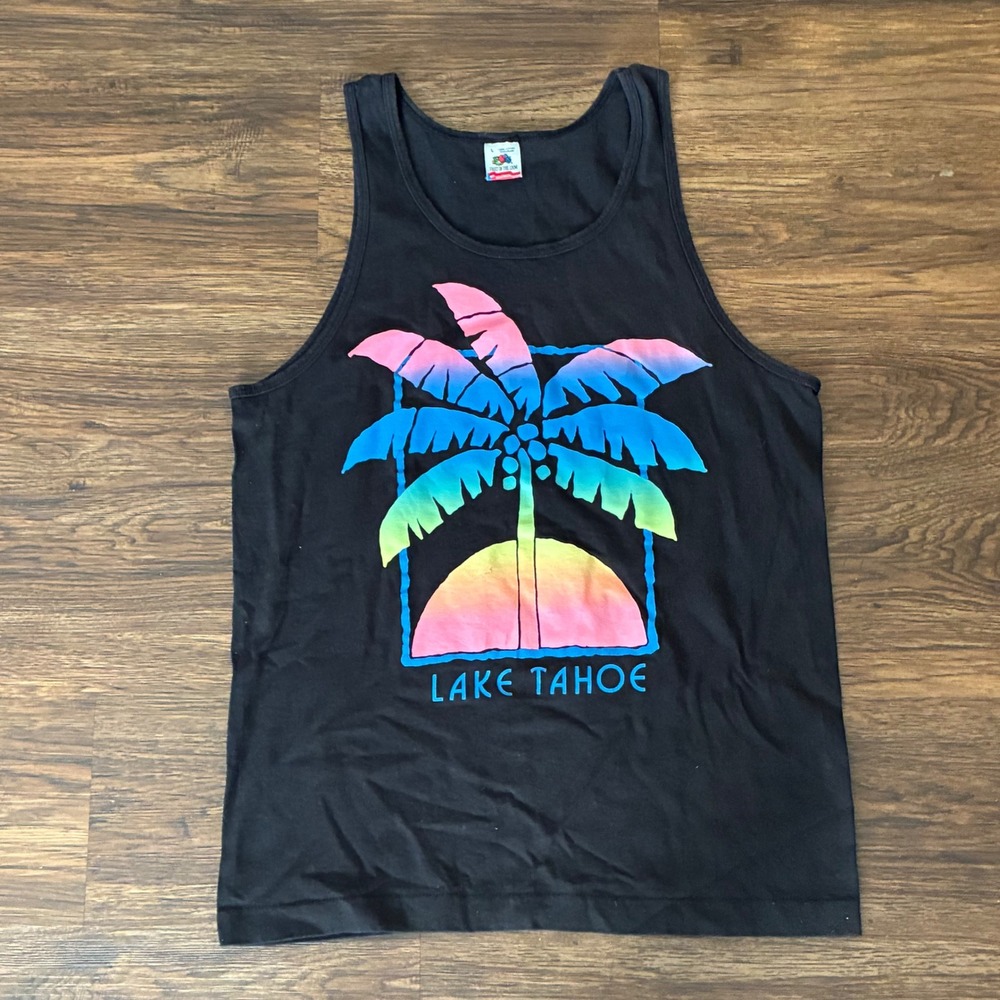 Vintage Lake Tahoe Palm Tree Tank Top USA Made Neon Sunset Graphic Size L